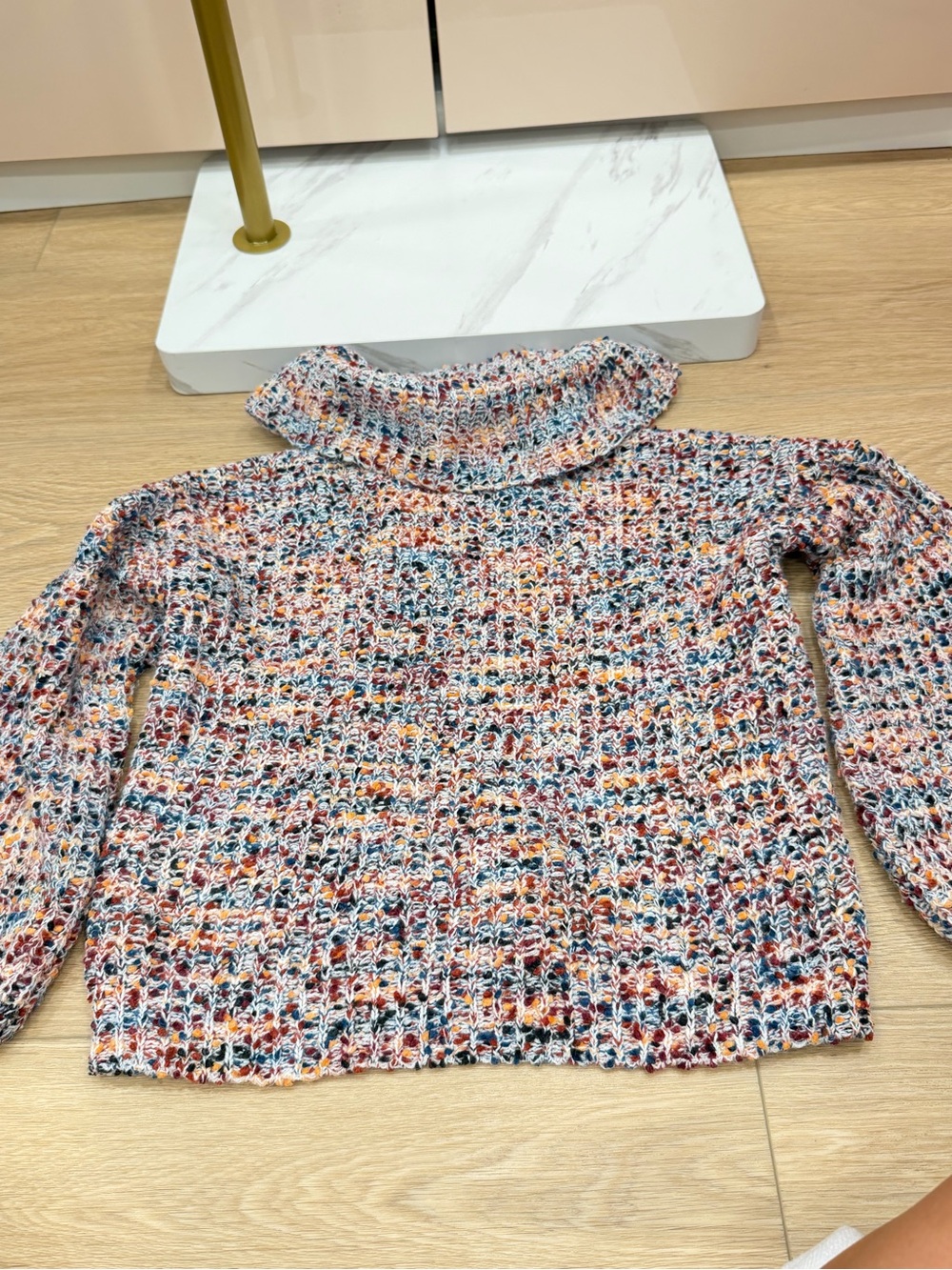 art class Multicolor Crochet-Style Sweater with Cowl Neck